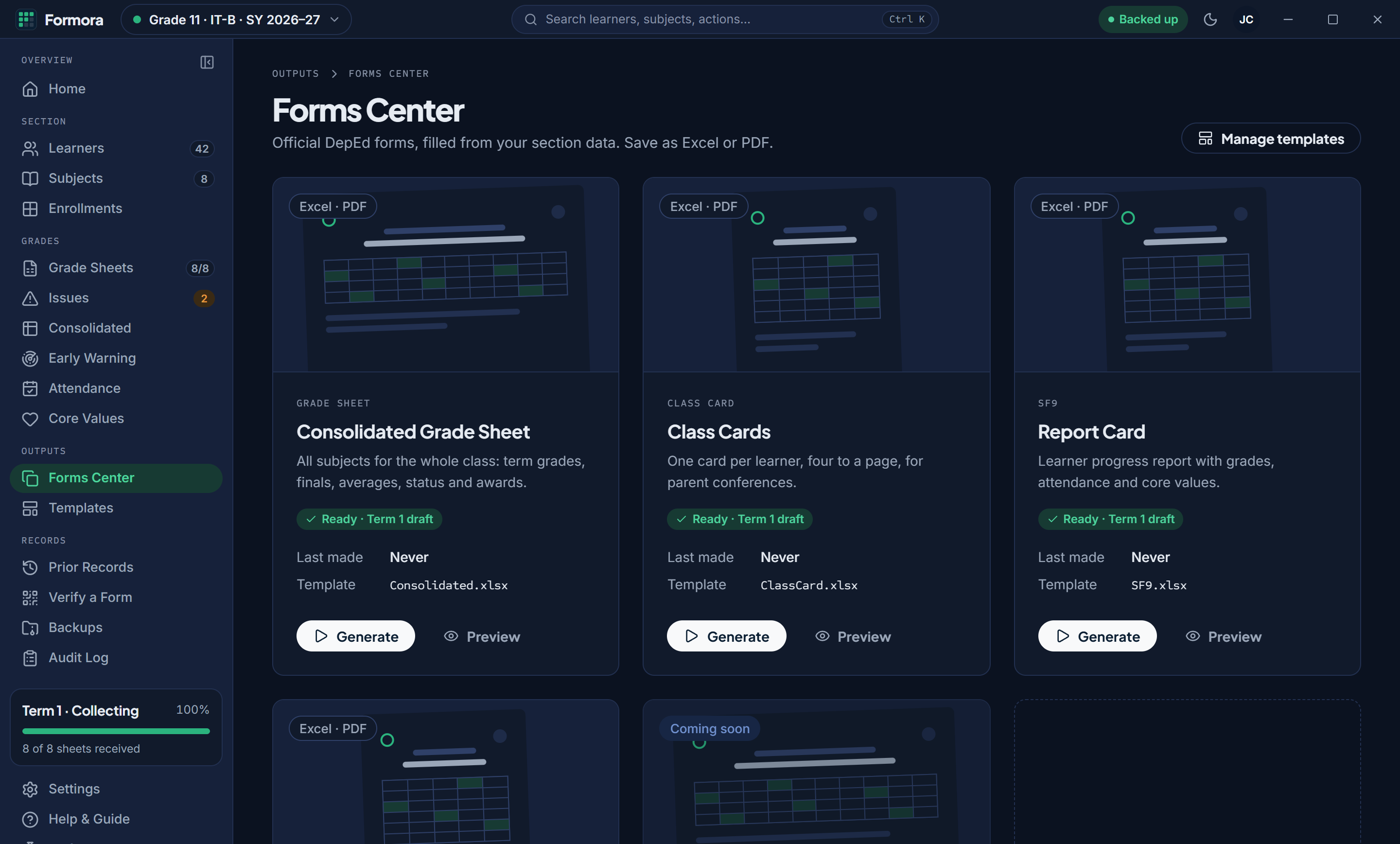 The Forms Center: Consolidated grade sheet, Class cards and Report card, each ready to generate.