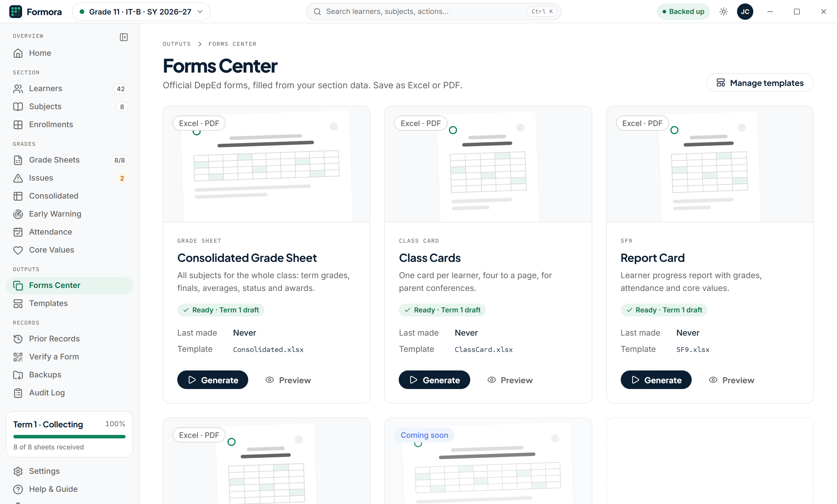 The Forms Center: Consolidated grade sheet, Class cards and Report card, each marked Ready, with Generate and Preview.