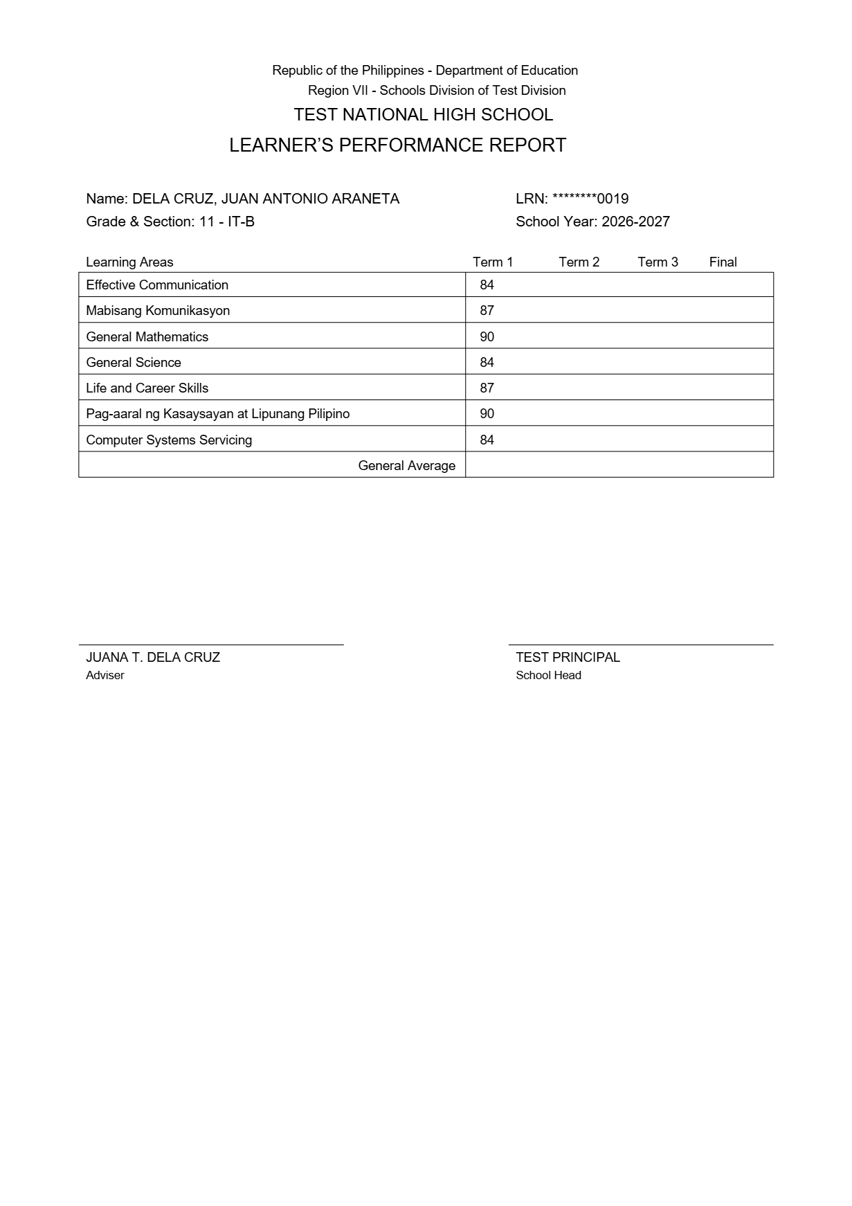 An SF9 page Formora filled in: Learner's Performance Report with Term 1 grades for seven subjects and a masked LRN.